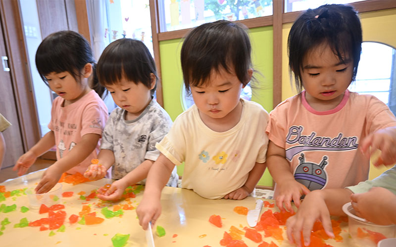 色つきゼリーで遊ぶ園児たち